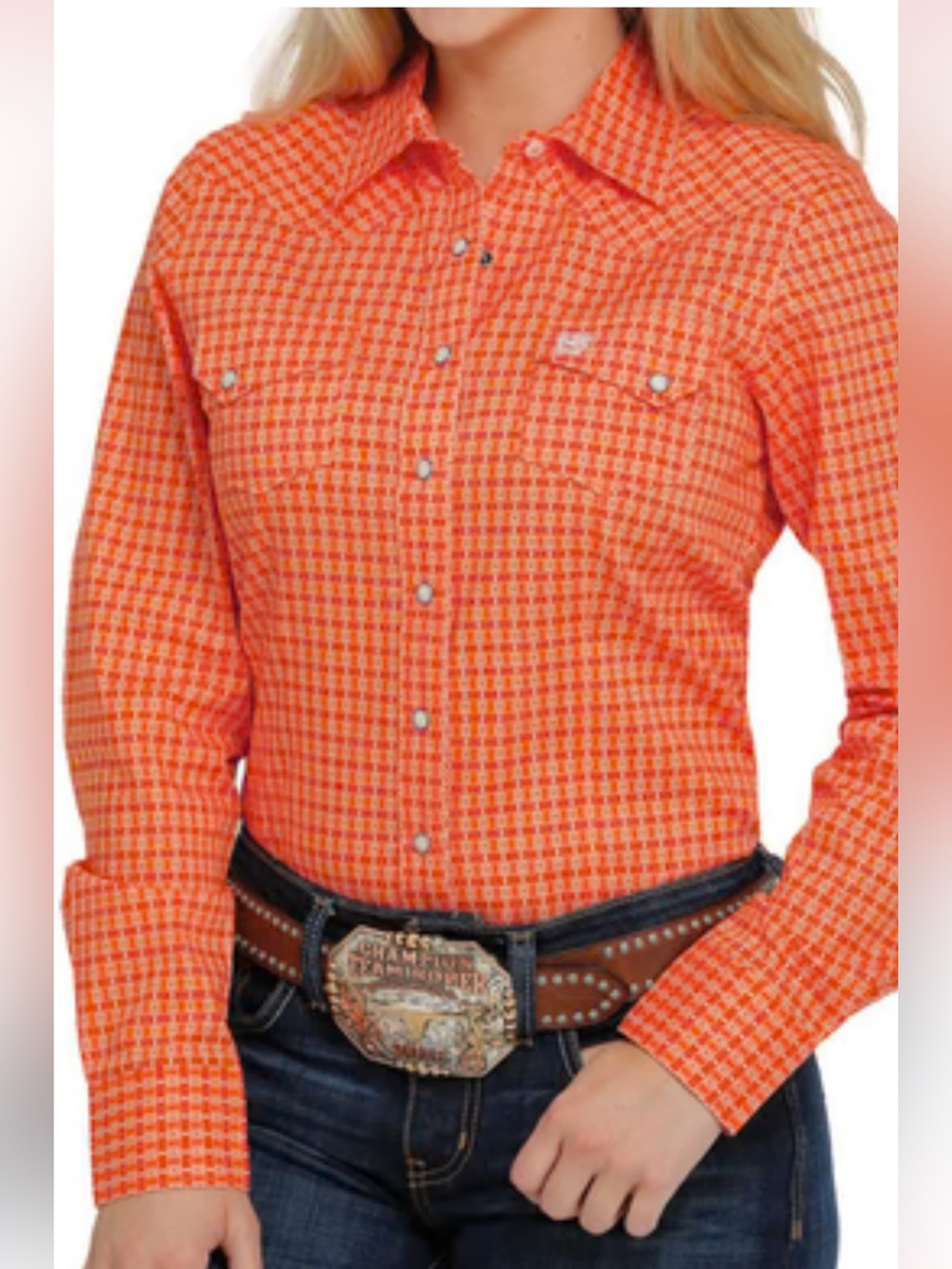 Cinch Women’s Orange Geometric Plaid Pearl Snap Western Shirt Medium
